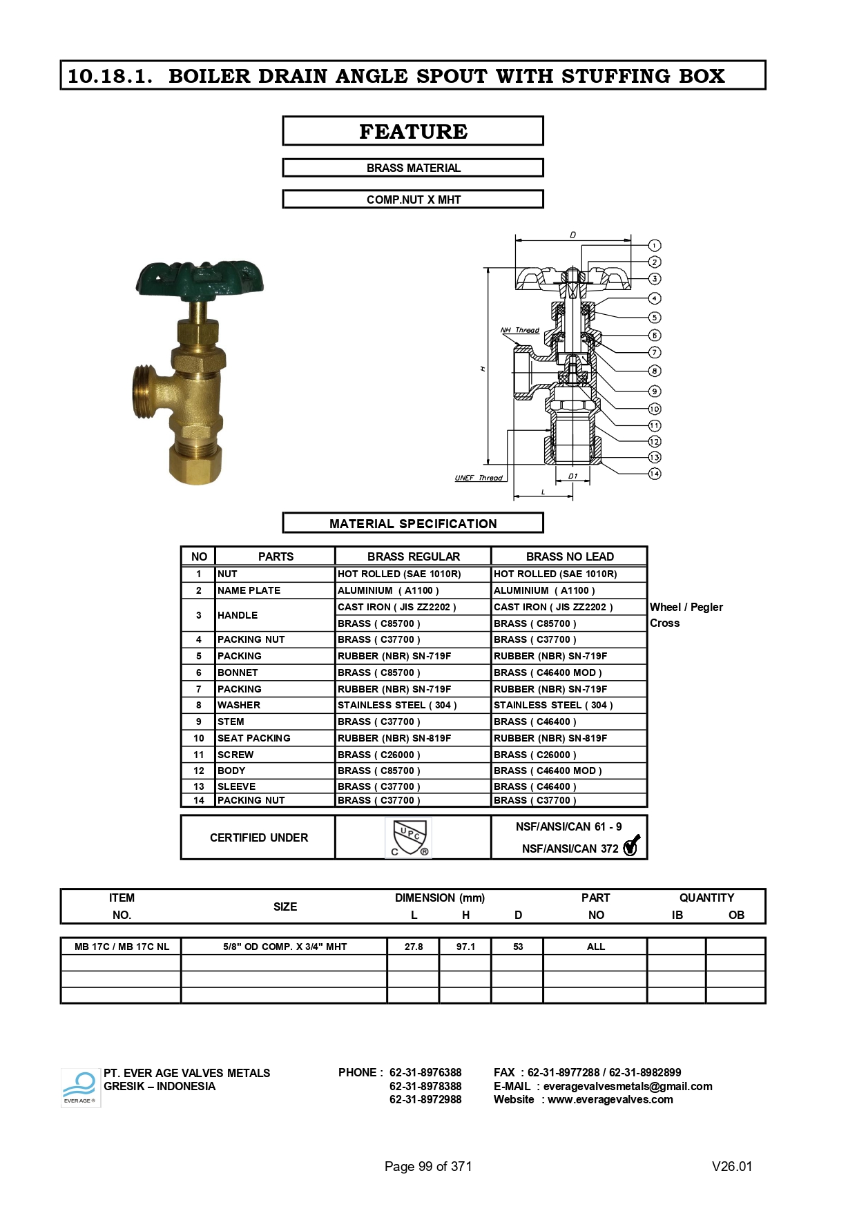 B0ILER DRAIN ANGLE SPOUT VALVES -17C